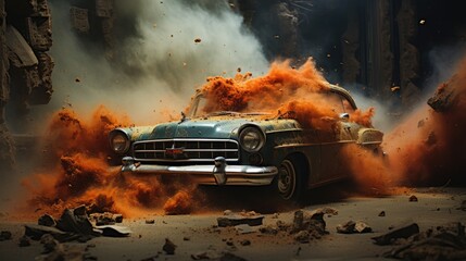 Car with the effect of destruction and explosion generated by AI - obrazy, fototapety, plakaty
