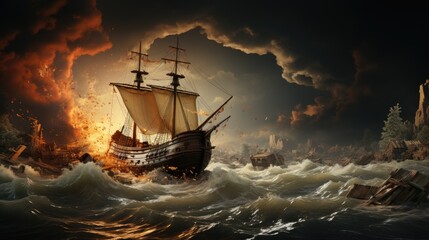 Sailing ship in a storm generated by AI