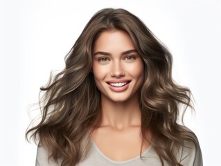Fototapeta premium Beautiful model woman with long hairstyle. Care and beauty hair products. Generative AI