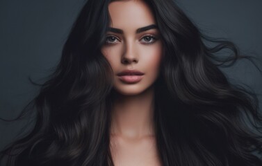 Fototapeta premium Beautiful model woman with long hairstyle. Care and beauty hair products. Generative AI