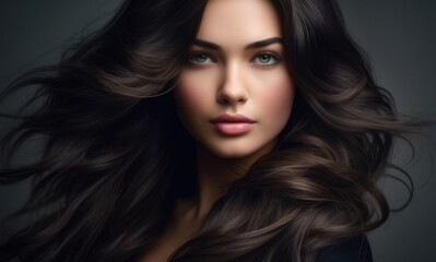 Naklejka premium Beautiful model woman with long hairstyle. Care and beauty hair products. Generative AI