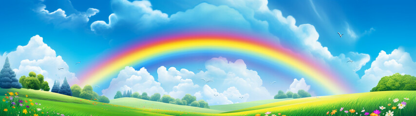 Banner with  green grass field and blue sky and rainbow background. Beautiful nature landscape.  Generative AI