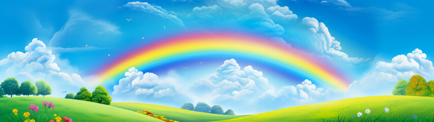 Banner with  green grass field and blue sky and rainbow background. Beautiful nature landscape.  Generative AI