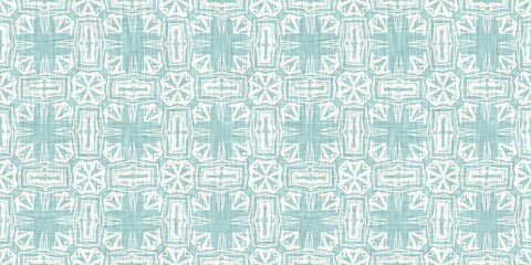 Aqua teal blue white vibrant watercolor batik azulejos tile border banner background. Seamless coastal blur linen effect geometric mosaic effect.Boho Patchwork nautical masculine summer ribbon trim. 