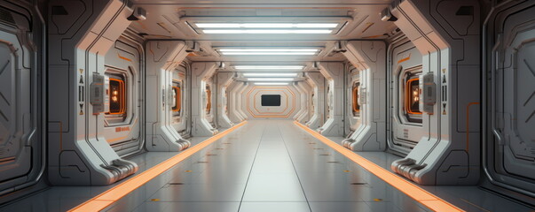 Space station or spaceship scifi style corridor or room. . Ultra modern sci-fi design. Generative AI.  - obrazy, fototapety, plakaty