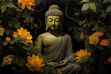 Fototapeta premium Buddha statue with yellow flowers on black background