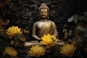 Fototapeta premium Buddha statue with yellow flowers on black background