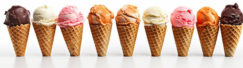 Banner with colorful ice cream cones on isolated white background. Generative AI