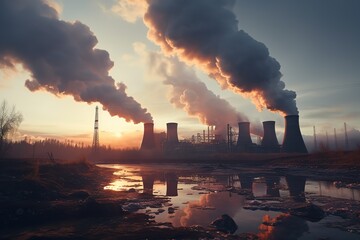 industrial view of a working thermal power plant at sunset, smoke from pipes, environmental pollution