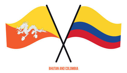 Bhutan and Colombia Flags Crossed And Waving Flat Style. Official Proportion. Correct Colors.