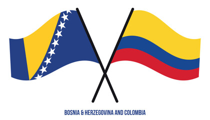 Bosnia & Herzegovina and Colombia Flags Crossed And Waving Flat Style. Official Proportion Colors.
