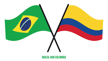 Brazil and Colombia Flags Crossed And Waving Flat Style. Official Proportion. Correct Colors.