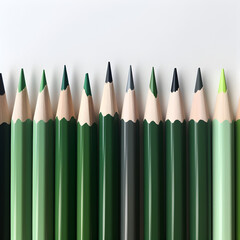 Set of green pencils in a row sharp and ready to draw