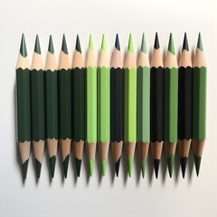 Set of green pencils in a row sharp and ready to draw, two sides sharping.