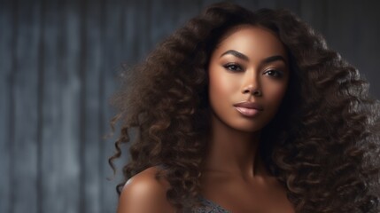 Fototapeta premium Beautiful ebony african model woman with long hairstyle. Care and beauty hair products. Generative AI