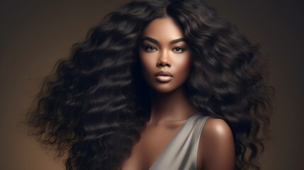 Beautiful ebony african model woman with long hairstyle. Care and beauty hair products. Generative AI