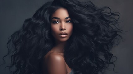 Beautiful ebony african model woman with long hairstyle. Care and beauty hair products. Generative AI - obrazy, fototapety, plakaty