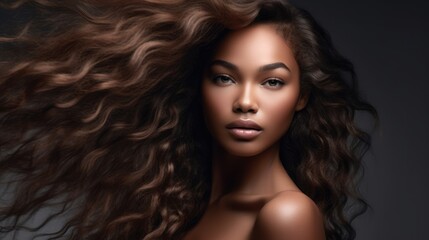 Beautiful ebony african model woman with long hairstyle. Care and beauty hair products.  - obrazy, fototapety, plakaty