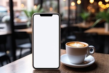 Mockup smartphone on a table in a cafe. Copy space. blank screen.
