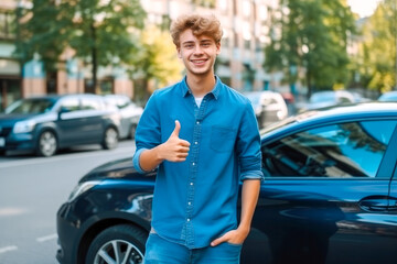 A happy teenage male standing beside new car, expressing pride and satisfaction in his achievement of obtaining a driver license and new car, symbolizing freedom and independence