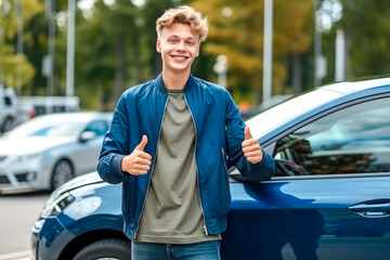 A happy teenage male standing beside new car, expressing pride and satisfaction in his achievement of obtaining a driver license and new car, symbolizing freedom and independence - obrazy, fototapety, plakaty