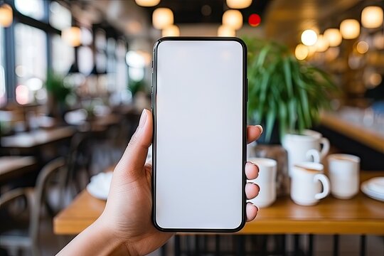 Mockup image of a hand-holding smartphone in a cafe. Copy space. blank screen.
