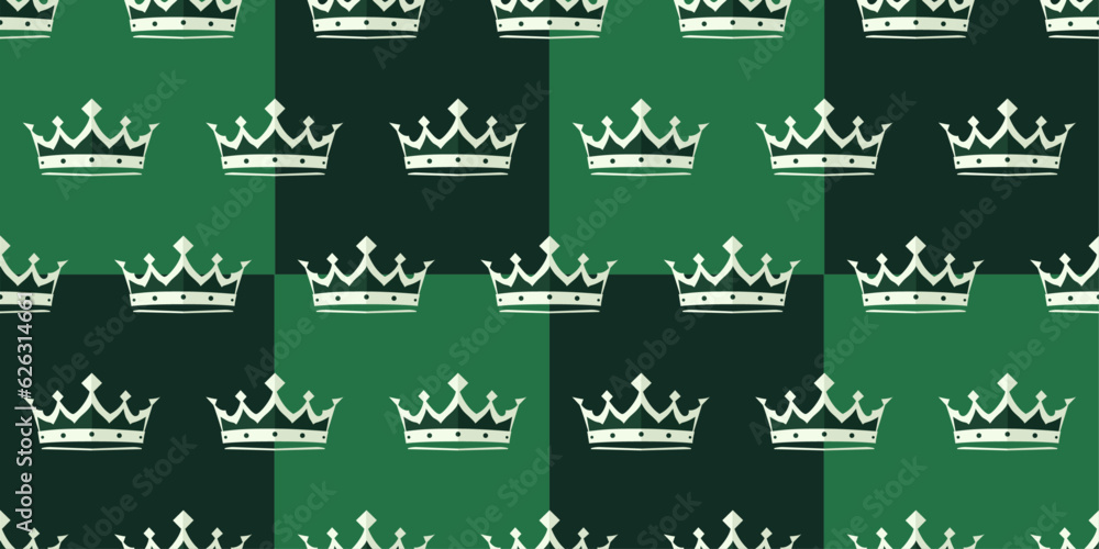 Poster crowns on a green background. vector pattern with crowns repeating on checkered green pattern.