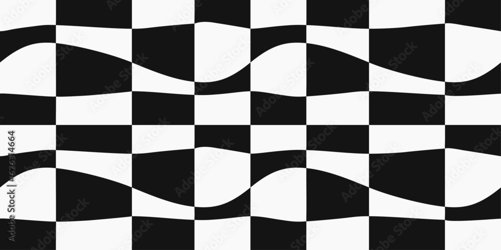 Poster Checkerboard pattern from black and white racing phage, crooked checkerboard cells. Seamless and vector checkerboard pattern.
