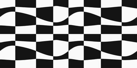 Checkerboard pattern from black and white racing phage, crooked checkerboard cells. Seamless and vector checkerboard pattern.