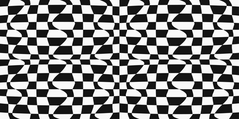 Checkerboard pattern from black and white racing phage, crooked checkerboard cells. For print and seamless use.