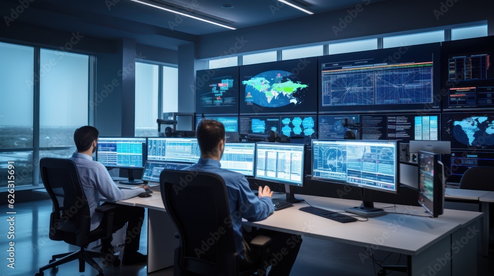 Poster network operations center ( noc) with technicians monitoring network traffic, troubleshooting issues