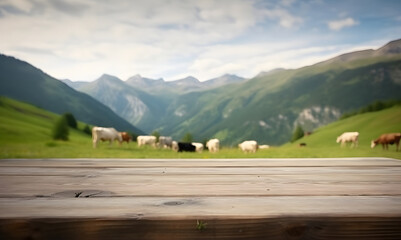 wooden table on the background of blurred alps green meadow with cows at sunny summer day, neural network generated image