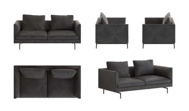 Set of five views of a modern three-seater sofa with a black leather cover, armrests and back of the same height, cushion, black legs. Front view, side views, top view, and perspective view. 3d render