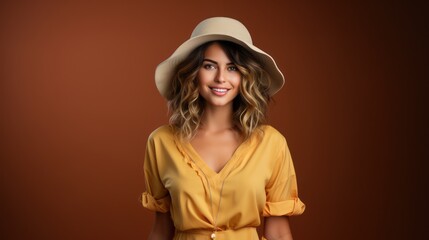 Fototapeta premium beautiful woman in yellow dress and hat posing on orange background isolated happy smiling face expression, summer fashion style trend. Generative Ai.
