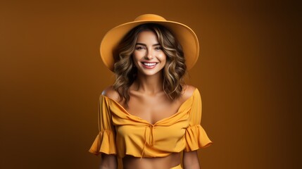 beautiful woman in yellow dress and hat posing on orange background isolated happy smiling face expression, summer fashion style trend. Generative Ai.