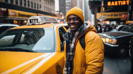 New York happy cab driver, afro american smiling and gesticulating in front of his yellow taxi.