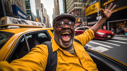 New York happy cab driver, afro american smiling and gesticulating in front of his yellow taxi.