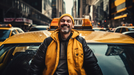 New York happy cab driver, smiling and gesticulating in front of his yellow taxi.