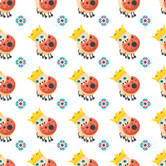 Seamless Pattern Abstract Elements Different Ladybug Insect Beetle With Flower Vector Design Style Background Illustration Texture For Prints Textiles, Clothing, Gift Wrap, Wallpaper, Pastel