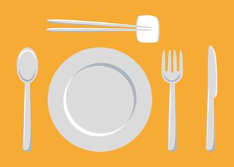 plate and knife, fork and spoon, dishware for breakfast, lunch, dinner