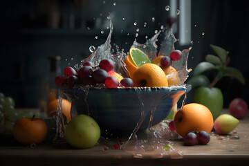 fresh fruit splashing in a bowl with cinematic light, neural network generated image