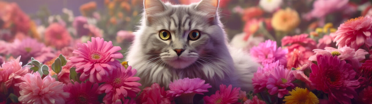 Banner With Cute Cat On Pink Flowers Field Background. Nature Wallpaper.  Generative AI