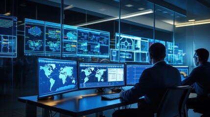 Obraz premium Network operations center ( NOC) with technicians monitoring network traffic, troubleshooting issues, and ensuring network performance