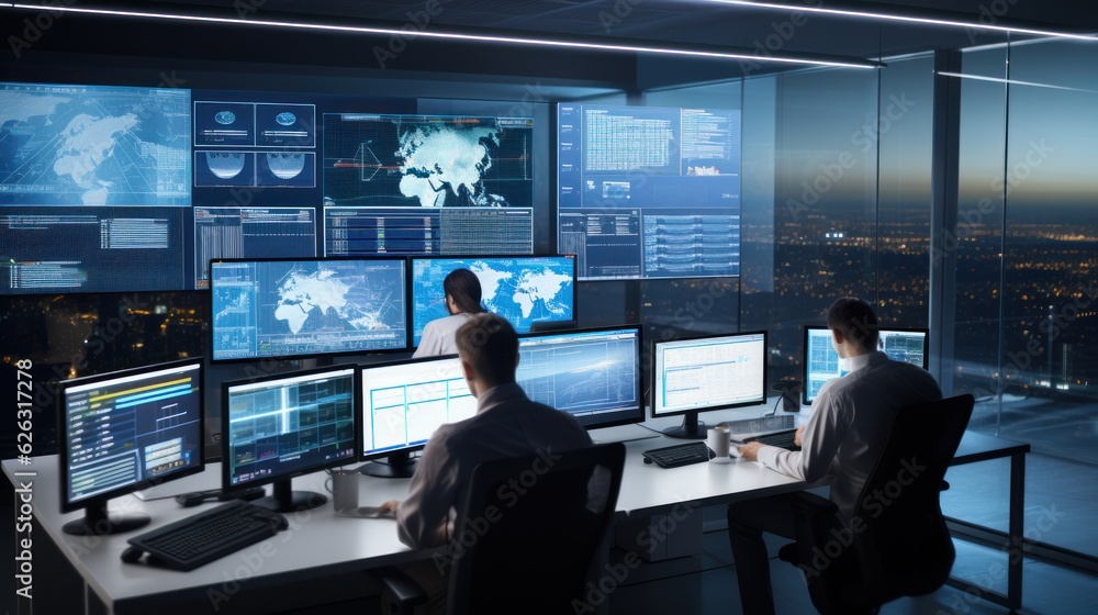 Poster network operations center ( noc) with technicians monitoring network traffic, troubleshooting issues