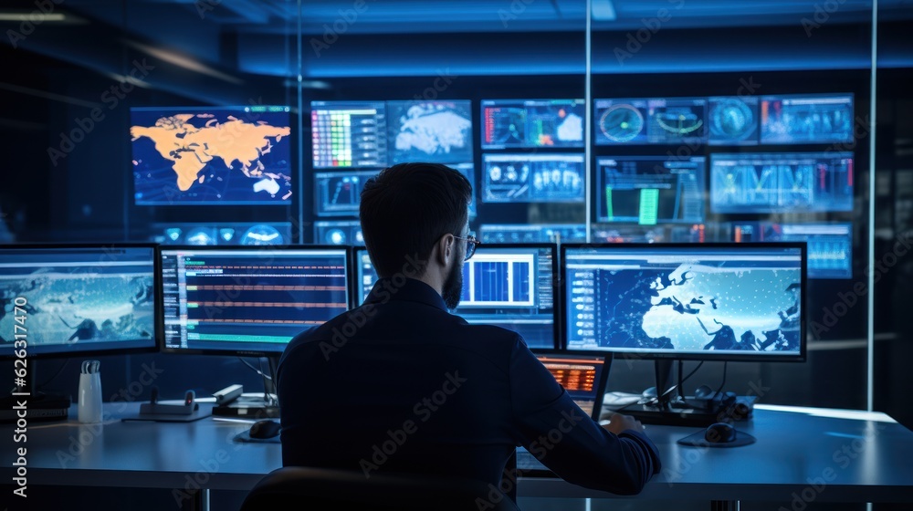 Poster network operations center ( noc) with technicians monitoring network traffic, troubleshooting issues