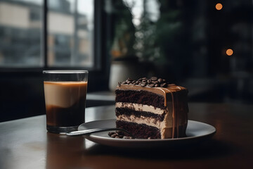 chocolate cake with glass cup of coffee on cafe table, neural network generated image