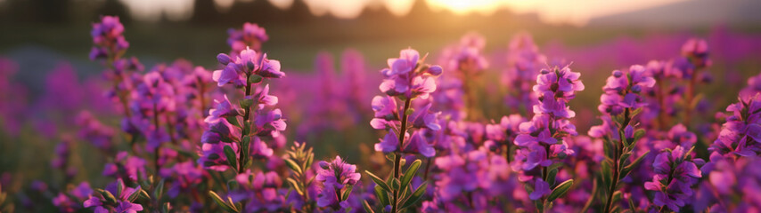 Obraz premium Banner with field lavender flowers on mountains background, sunset. Generative AI