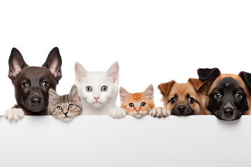 Dogs and cats peeking behind a white blank banner on a white background.
