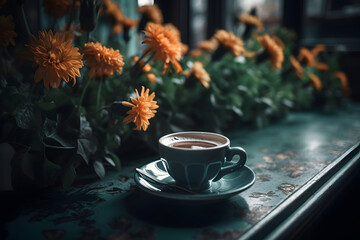 cup of coffee and flowers on the table, neural network generated photorealistic image