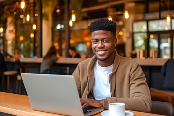 Obraz premium African American man working on a laptop computer in a busy cafe, a portrait of a successful person